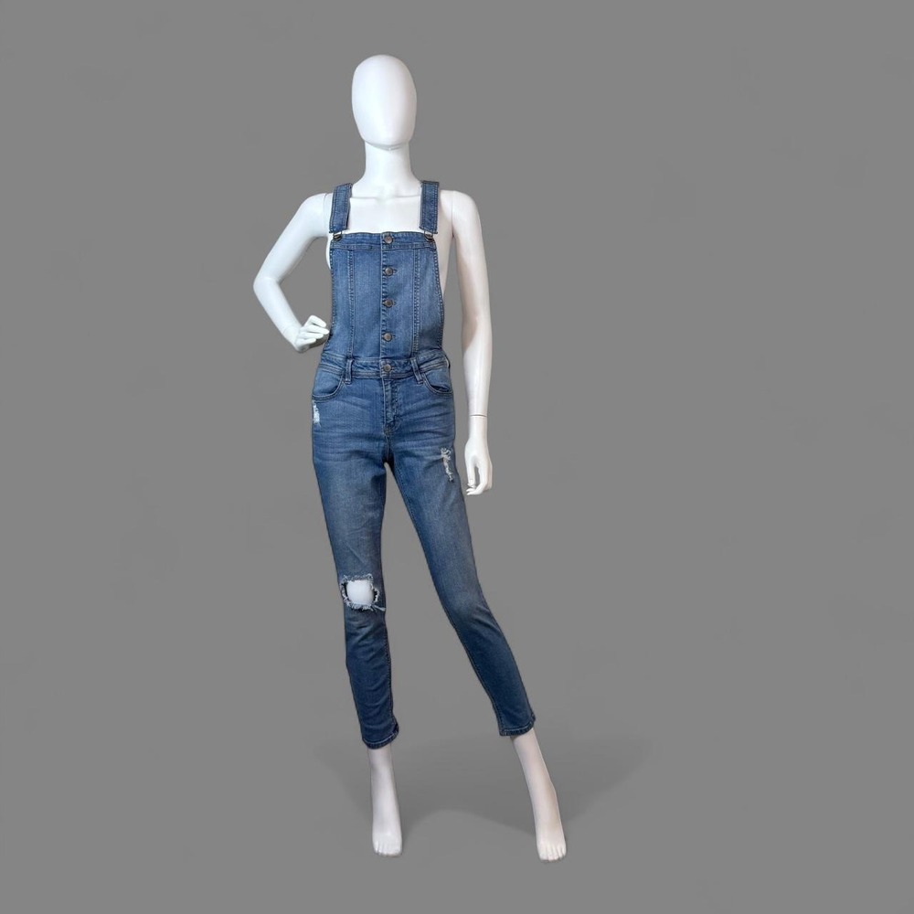 Refuge Womens Distressed Denim Overalls Medium Wash Skinny Leg Size M